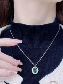 4pcs/Set Rectangle Rhinestone Stud Earrings, Necklace And Ring Set, Elegant Luxury Style Delicate Gift For Women - Green - View 5