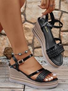 Women's Platform Wedge Woven Slip-On Buckle Outdoor Banquet Casual Slip On Comfortable Adjustable Fashionable Sandals