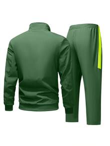 Men's Color-Blocked Zipper Sports Letter Print Sweatpants Set, Casual Fashion And Comfortable Sportswear For Everyday Wear, Suitable For Gym And Outdoor Activities Two-Piece Pack - 綠色 - 查看 2