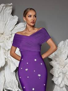 Off Shoulder Handmade Beaded Bodycon Bandage Dress, Sexy & Fitted, Suitable For Family Gatherings, Parties, Formal Events - Purple - View 4