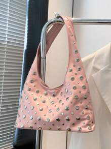 Borsa grande da donna per la primavera/estate, borsa per mamme, colore unito, decorata con borchie in stile motociclistico in PU, a forma di mezza luna, adatta per l'ufficio e lo stile casual, di stile coreano, regalo per la Festa della Mamma, borsa a tracolla, estiva, durevole, multifunzionale, con cerniera, adatta per viaggi di lavoro, grande capacità