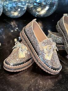 [Zapatillas de Cristal Brillante] Zapatillas slip-on de cristal brillante color beige para mujer - Tipo baja, punta redonda, parte superior de lona con decoración de lazo | Zapatos cómodos para todo el año, zapatos casuales, zapatillas brillantes, zapatos casuales de moda - Dorado - Ver 5
