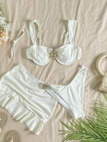 Conjunto de traje de baño de 3 piezas con top tipo tankini de unicolor, diseño de tirantes anchos con aros para un soporte cómodo, estilo de playa fashionable, perfecto para fiestas de playa y piscina en verano