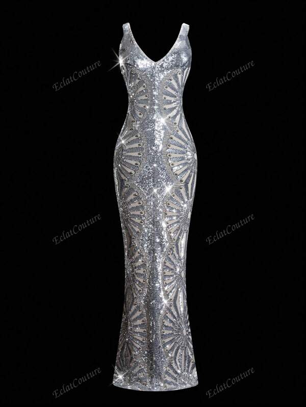 New Silver Sequin Beaded Hollow Formal Gown, Suitable For Graduation Prom, Wedding Guests, Cocktail Party