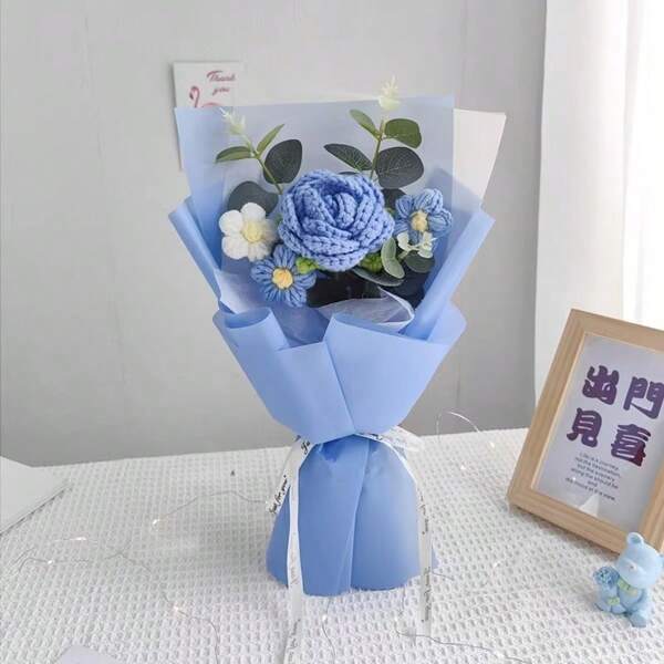 1pc Realistic Knitted Rose Flower Bouquet, Handmade Crocheted Tulip Flower Bunch, Yarn Flower, Bridal Bouquet, Suitable For Father's Day, Back To School, Graduation, Thanksgiving, Christmas, Wedding Anniversary, Gift For Family, Friends, Classmates, Lovers, Decor For Home, Room, Wedding, Birthday Party, Office Desk, Restaurant, Garden, Indoor & Outdoor