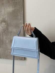 1个新款迷你时尚手提包，纯色纹理PU材质翻盖方形手提包，简约西式百搭通勤优雅单肩包，配有可拆卸可调节肩带 - 藍色 - 查看 5