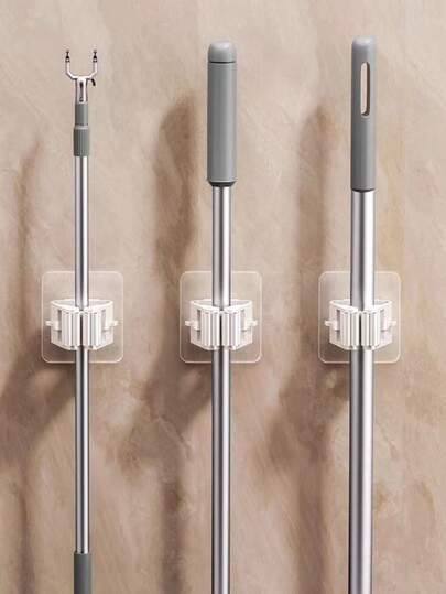 1/3/5pcs Waterproof No-Drill Strong Adhesive Mop Clips For Kitchen And Bathroom Organization, Broom And Mop Hanging Hooks, Sticky Wall Hooks, Durable Cleaning Tool Storage Clips For Home, Garage, Laundry Room, Instant Grip Adhesive With Reliable Hold, Rust-Resistant And Weather-Resistant Design, Ideal For Securing Brooms, Mops, Dust Pans, Sponges, And Long-Handled Tools On Painted Or Smooth Surfaces, Easy Installation And Seamless Integration With Modern Wardrobe-Style Storage