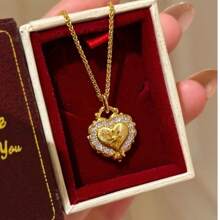 1 pieza Collar con colgante de corazón texturizado chapado en oro de 18 quilates con circonita, adecuado para uso diario de mujer