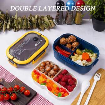 Bento Box Adult, Lunch Box For Men And Women, 1200ML Leak-Proof Double-Layered With Handle Lunchbox, Reusable Lunch Container, Microwave/Dishwasher Friendly, Snack Box With Cutlery Set,School Supplies