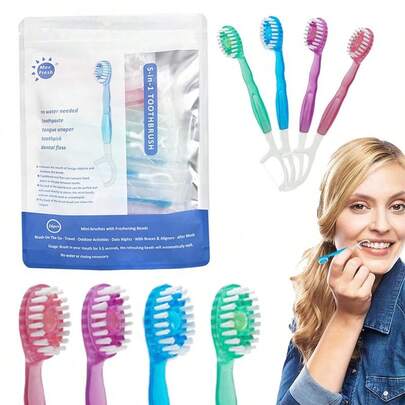 26 Stück 5-in-1 Mini Bürsten Einweg-Zahnbürsten mit Zahnpasta und Zahnstochern einzeln verpackt, tragbare Zahnbürste für unterwegs für Arbeit und Reisen - 4 Geschmacksrichtungen