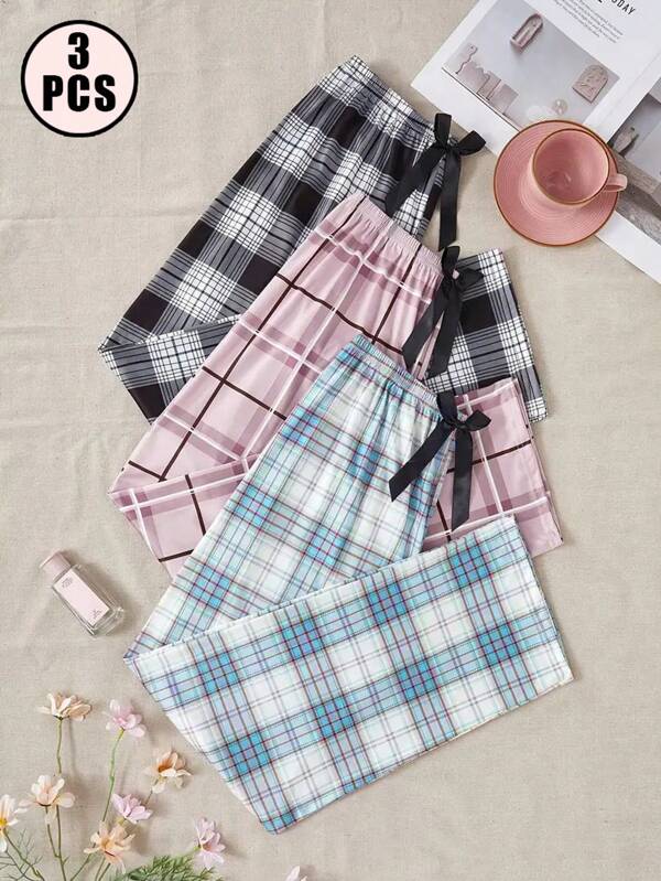 3pcs Women Plaid Casual Lounge Pants, Loose Fit Home Wear & Outdoor