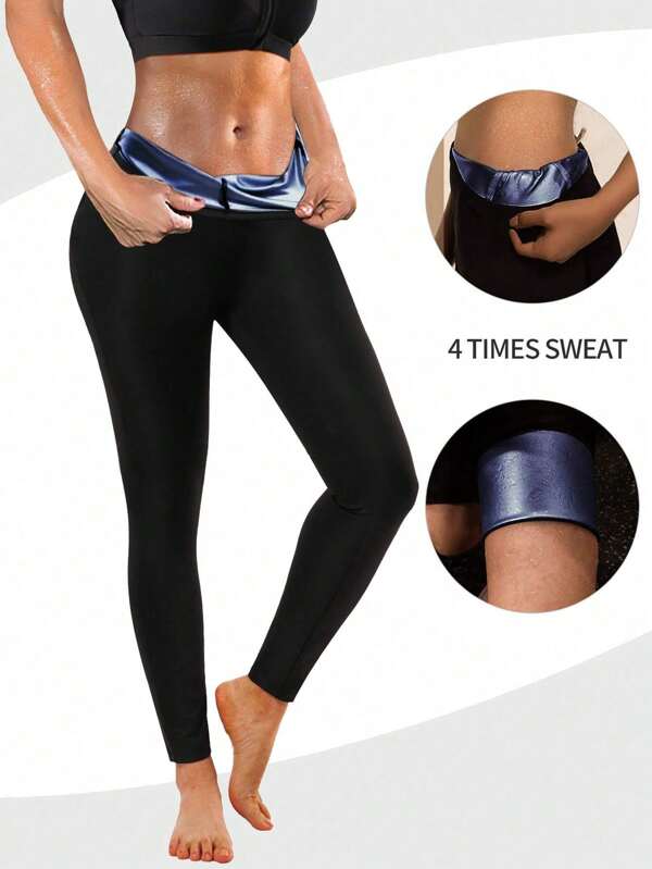 1pc Women's Sweat-Inducing 3/4 Legging, Activewear Yoga Pants, Moisture-Wicking Shapewear. Made Of Polyester Fabric, With Silver And Blue Special Coating Inside To Accumulate Body Heat And Increase Sweating, Helping Burn Fat During Exercise. Suitable For Yoga, Running, Fitness And Other Sports To Achieve A Perfect Physique.