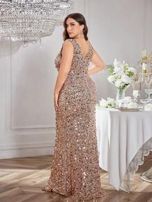 UNITHORSE Vestido de fiesta de noche de escote profundo sin mangas con decoración de lentejuelas brillantes - Champán - Ver 3