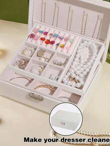 1-częściowe pudełko na biżuterię, duża pojemność, dwuwarstwowe, wodoodporne pudełko do przechowywania biżuterii z PU, z zamkiem, miękka wyściółka, odpowiednie dla kobiet, dziewcząt, mężczyzn, nowoczesny styl, świetny prezent dla kobiet, matek, nauczycieli, składane, prostokątne pudełko na biżuterię z szufladą - wielobarwność - Zobacz 7