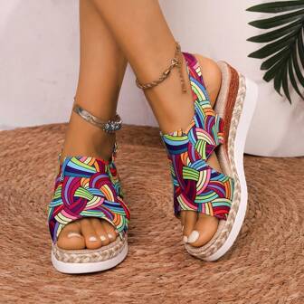 Sandales compensées à talon réglable avec graffitis colorés pour femmes - sandales canevas à semelle épaisse à enfiler pour femmes avec talon haut - détail tressé, convient pour la plage