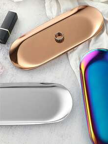 1pc High Aesthetic Stainless Steel Jewelry Plate, Cosmetic Metal Plate, Oval Tray. He Immediately Places A Storage Tray To Bring A High-Quality Experience To Your Life. Storage And Organization. Convenient And Practical. Jewelry Storage.