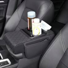 Car Center Armrest Pad With Cup Holder- Armrest Case With 2 Side Pockets And 2 Cup Holders 1 Mobile Phone Holder 1 Paper Towel Holder, Multi-Function Storage For Cell Phones, Water Bottles, Cards - Suitable For Most Car Models - Black - View 1