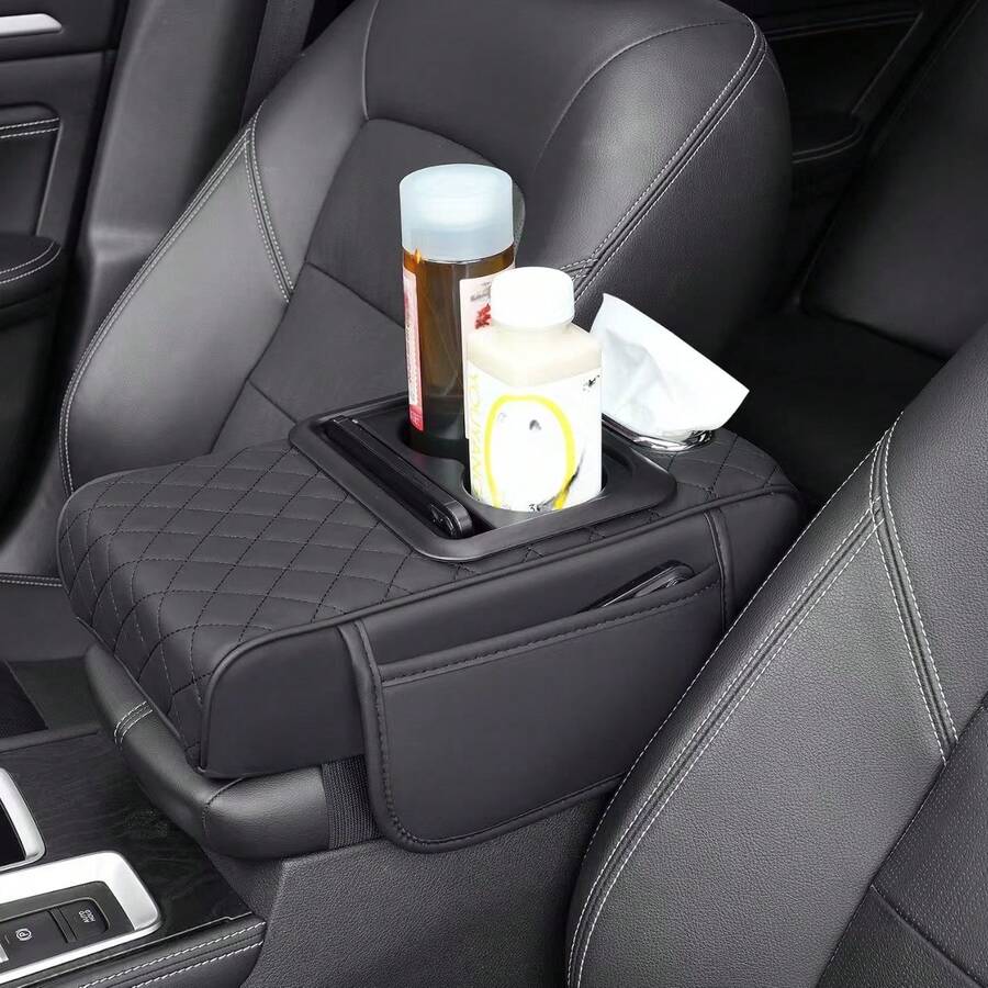 Car Center Armrest Pad With Cup Holder- Armrest Case With 2 Side Pockets And 2 Cup Holders 1 Mobile Phone Holder 1 Paper Towel Holder, Multi-Function Storage For Cell Phones, Water Bottles, Cards - Suitable For Most Car Models - Black - View 1