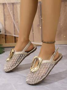 Women's Summer New Headscarf Mesh Circle Buckle Woven Flat Sandals, Fashion Versatile Breathable Slip-On Vacation Slippers