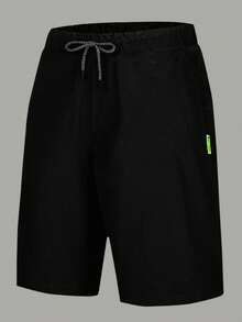 Men Solid Pocket Patched Drawstring Waist Shorts