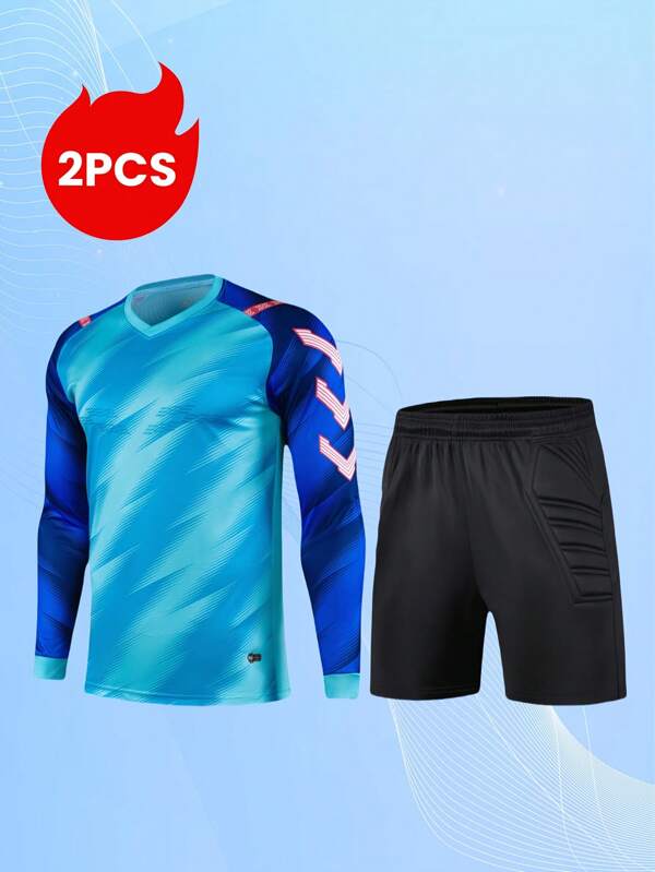 2pcs/Set Soccer Goalkeeper Padded Elbow Long Sleeve T-Shirt With Anti-Slip Chest Stripes + Goalkeeper Shorts, Breathable, Elastic Waist Pants For Training, Matches