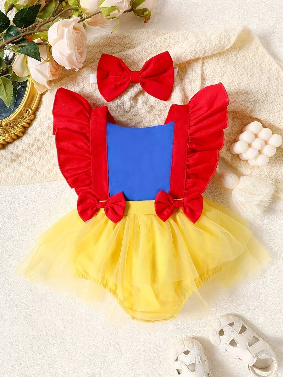 Cute Baby Girl's Romper With Ruffled Shoulder Straps And Bows For Summer - 紅色 - 查看 1