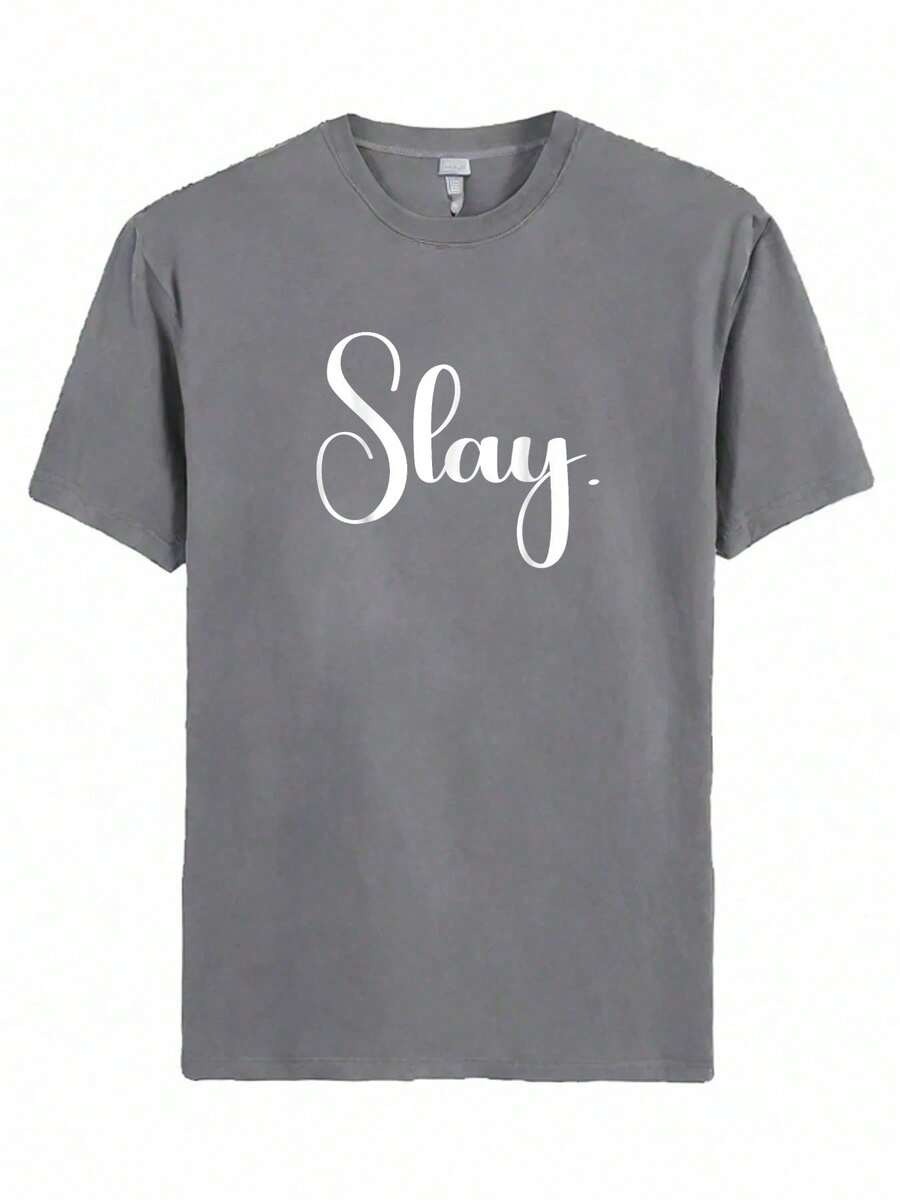 2025 New T-ShirtWhite Cursive "Slay" Text On Plain Background. - Grey - View 1