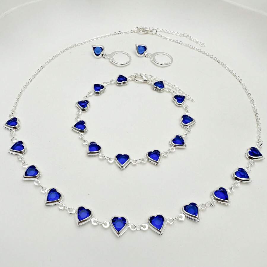 Women's Colorful Heart Necklace + Bracelet And Earrings Set In 925 Silver Plated - Dark Blue - View 1