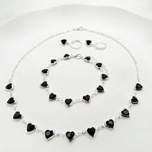 Women's Colorful Heart Necklace + Bracelet And Earrings Set In 925 Silver Plated - Black - View 3