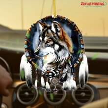 2D Wolf Totem Traumfänger für Autos, Sommersonnenwende mysteriöse Hängedekoration - Vatertags Auto Geschenk, Road Trip Talisman, moderner bohemischer Acryl Anhänger, ganzjährig verwendbar (ohne Federn)