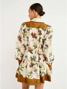 Women's Spring And Summer Short Dress Bohemian Printed Casual Cardigan Long Sleeve Printed Lapel Dress - Orange - View 5