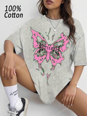 Women's Casual Butterfly Print Crew Neck Short Sleeve T-Shirt, Summer