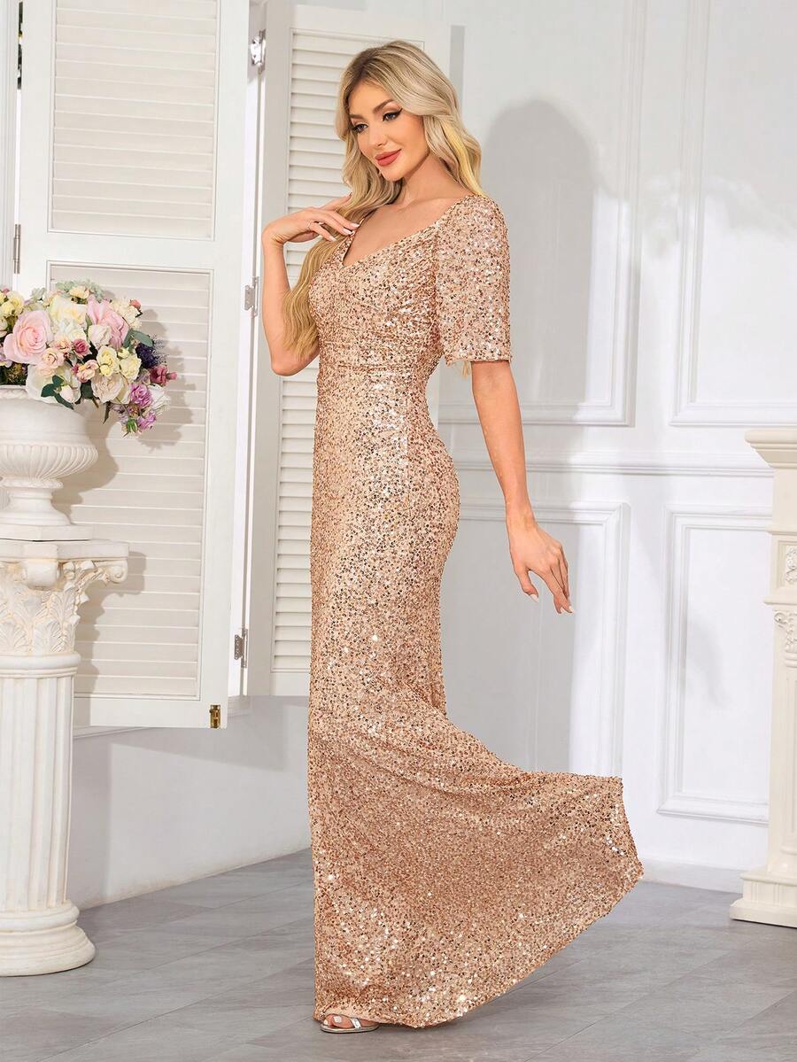 hezixi Solid Color Romantic Party Sequin Patchwork Zipper Slit Evening Party Wedding Anniversary Graduation Party Music Festival Holiday Cocktail Wedding Guest Graduation Ball Mixed Sequin Tassel, Elegant - Champagne - View 1