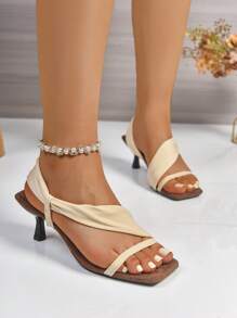 1 Pair Sexy, Fashionable, Versatile, New Style Strap High Heel Sandals In Beige, Black And Red With Invisible Bow Design
