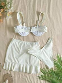 Conjunto de traje de baño de 3 piezas con top tipo tankini de unicolor, diseño de tirantes anchos con aros para un soporte cómodo, estilo de playa fashionable, perfecto para fiestas de playa y piscina en verano