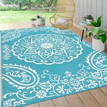 Alfombra de exterior reversible nueva, 6'x9', tapete de polipropileno impermeable para patio, caravana, balcón, cubierta, playa, picnic - Boho Teal 6 X 9 - Ver 1