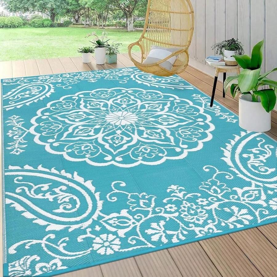 Alfombra de exterior reversible nueva, 6'x9', tapete de polipropileno impermeable para patio, caravana, balcón, cubierta, playa, picnic - Boho Teal 6 X 9 - Ver 1