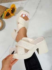 Thick Sole Slide Sandals For Women, Open Toe Chunky High Heel Slippers, Summer New Arrival - Beige - View 2