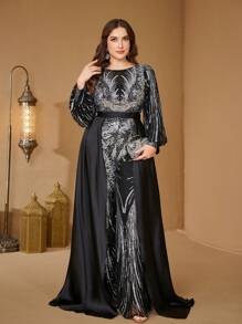 [Random Cut] Women Jumpsuits V-Neck Lantern Sleeve Shiny Sequins Elegant 2-Way Party Cocktail Flare Pants