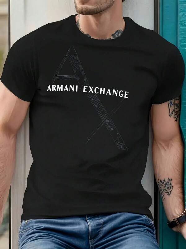 T-shirt da uomo con logo Exchange, t-shirt da uomo girocollo, 220 g/m², per l'estate, in puro cotone, maniche corte (1 pezzo)