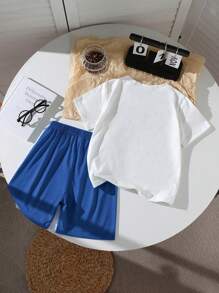 2 piezas Conjunto suave de niño preadolescente con estampado divertido de "Mamá's Boy", de manga corta y pantalones cortos, para uso diario de primavera y verano, ropa para niños