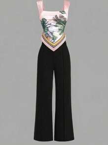 Set da donna composto da 2 pezzi: canotta con scollo quadrato e fantasia tropicale bohémien e chic; pantaloni casual in chiffon con vita alta e gamba ampia, ideale per uso quotidiano, all'aperto, vacanze e appuntamenti