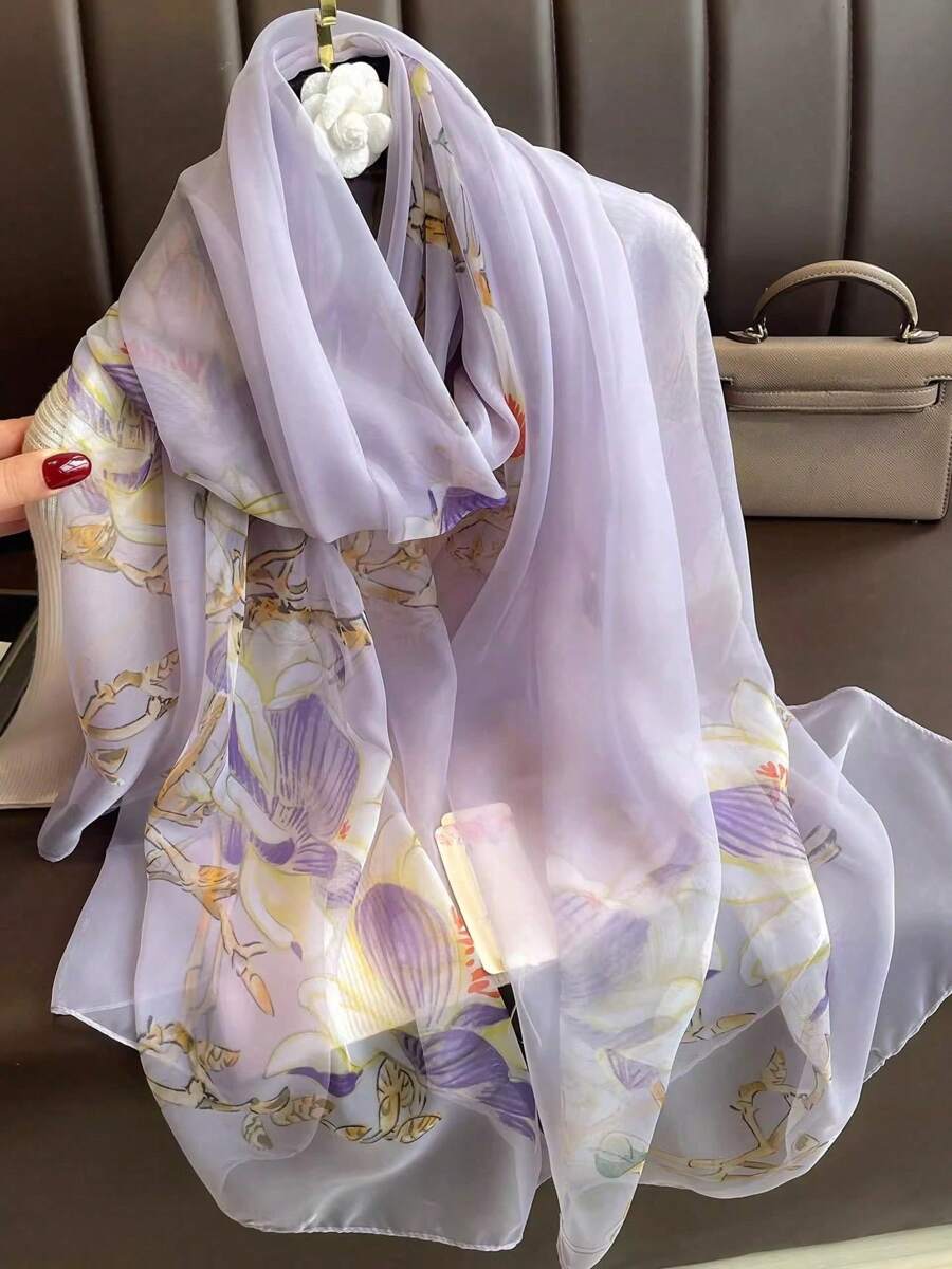 1pc Soft Chiffon Scarf, New Spring/Autumn Versatile Lightweight Breathable Printed Beach Wrap Shawl