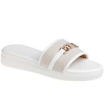 Women's Flat Slide Sandals With Chain Detail And Cushioned Sole For Everyday Comfort - White - View 1