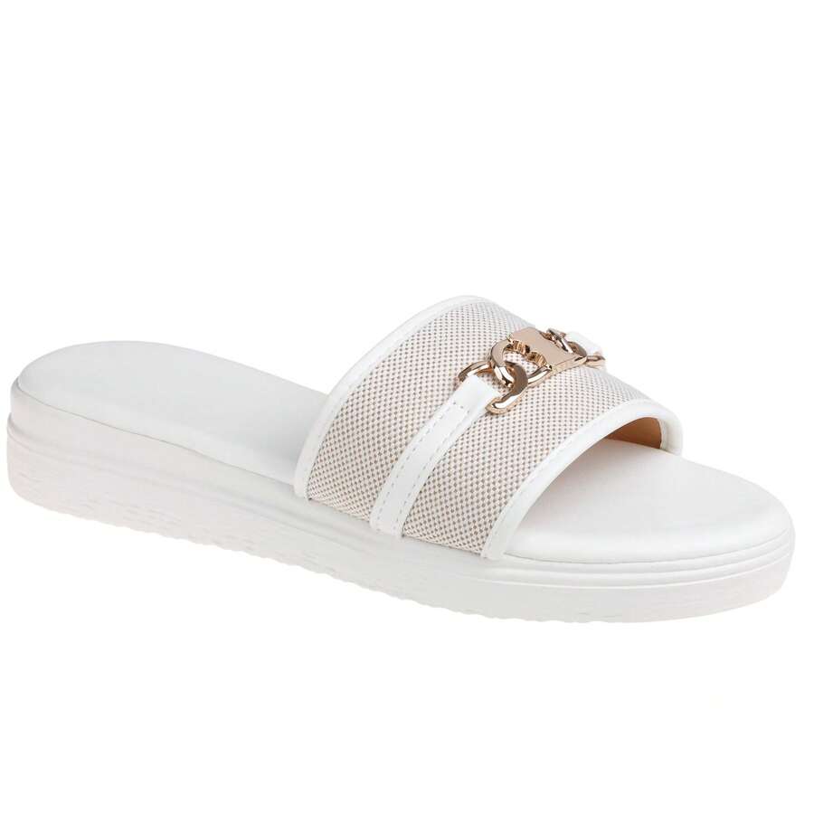 Women's Flat Slide Sandals With Chain Detail And Cushioned Sole For Everyday Comfort - White - View 1