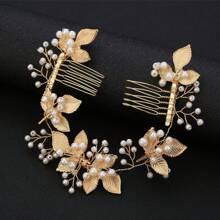1 Stück Damen Haarschmuck aus Zinklegierung im koreanischen Stil, elegante handgefertigte Haarkamm mit weißer Perlen-Blätter-Optik
