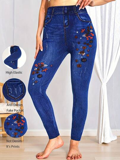 女士休闲时尚紧身弹力打底裤，仿牛仔布材质，饰以星星和花卉图案，塑形瑜伽裤，九分裤长，街头风，舒适透气，适合日常穿着、运动、户外活动，温暖舒适
