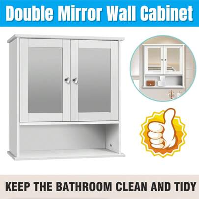 AutoFu Wall-Mounted Bathroom Cabinet Mirror Door Organizer Storage Furniture Mirrored, Double Door Cupboard Adjustable Storage Shelf, Medicine Cabinet