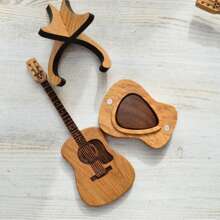 1 peça de palhetas de guitarra, caixa de palhetas em formato de guitarra, estojo de madeira personalizado, inclui 3 palhetas, adequado para guitarra, baixo, ukulele, cor de madeira natural