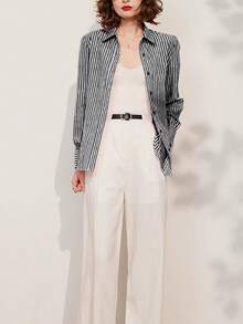 Áo sơ mi kẻ sọc thanh lịch, áo cánh dài tay thêu chữ đi làm, mùa xuân/hè/thu - màu đen - Xem 3